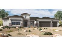 Inviting single-story home boasting a three-car garage and charming desert landscaping at 18138 E Creosote Ln, Queen Creek, AZ 85142