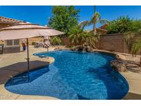 Inviting backyard pool with mature tropical landscaping and a rock waterfall feature at 20211 E Via Del Oro --, Queen Creek, AZ 85142
