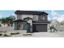 Two-story home boasts a charming facade with gray siding, a two-car garage, and well-kept landscaping at 526 N 89Th St, Mesa, AZ 85207