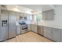 Updated kitchen features stainless steel appliances, gray cabinets, light countertops and wood-look flooring at 3811 S Mill Ave, Tempe, AZ 85282