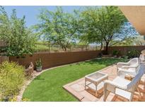 Well-maintained backyard with artificial turf, mature trees, and patio seating at 8259 W Carol Ave, Peoria, AZ 85345