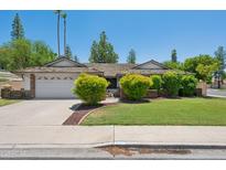 Charming single-story home featuring a well-manicured lawn, mature trees, and a two-car garage with a light brown roof at 2053 W Natal Cir, Mesa, AZ 85202