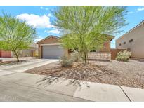 Charming single-story home showcasing desert landscaping and a two-car garage at 4455 W Suncup Dr, San Tan Valley, AZ 85144