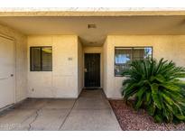 Welcoming entrance with textured walls, security door, and manicured landscaping at 11026 N 28Th Dr # 81, Phoenix, AZ 85029