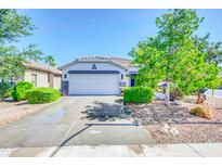Charming single-story home featuring a well-manicured front yard with lush landscaping and a two-car garage at 46068 W Guilder Ave, Maricopa, AZ 85139
