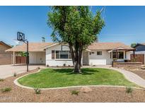 Charming single-story home with a manicured front yard and a large shade tree at 1712 N Old Colony --, Mesa, AZ 85201
