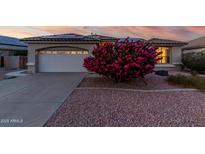 Charming single-story home boasts a two-car garage and a vibrant flowering bush in the front yard at 17812 W Primrose W Ln, Surprise, AZ 85374