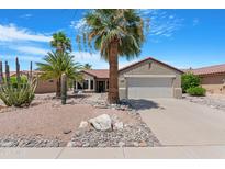 Charming home featuring desert landscaping, palm trees and a two-car garage at 15971 W Indigo Ln, Surprise, AZ 85374