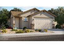 Charming single-story home showcasing a desert landscape, neutral stucco, and an attached two-car garage at 334 S San Gregorio Ln, Casa Grande, AZ 85194