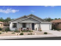 Charming single-story home featuring desert landscaping, gray accents, and a cozy front porch with seating at 37795 W Padilla St, Maricopa, AZ 85138