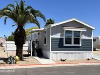 Charming home with gray and blue siding and a well-manicured yard featuring a beautiful palm tree at 625 W Mckellips Rd # 325, Mesa, AZ 85201