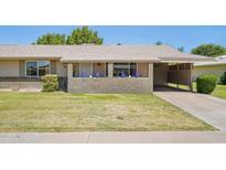 Charming single-story home with well-maintained lawn and colorful flowerpots at 10431 W Roundelay Cir, Sun City, AZ 85351
