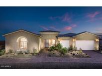 Stunning exterior of home features a two-car garage and lush landscaping creating excellent curb appeal at 22673 E San Tan Blvd, Queen Creek, AZ 85142