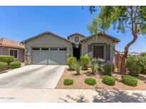 Charming single-story home featuring a two car garage and desert landscaping in the front yard at 9642 E Tesla Ave, Mesa, AZ 85212