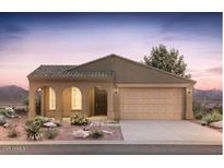 Charming single-story home with a neutral color scheme, arched entryway, desert landscaping, and attached two-car garage at 13524 W Copperleaf Ln, Peoria, AZ 85383