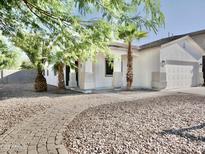 Charming single-story home with a desert landscape, palm trees, and inviting walkway at 1187 E Cowboy Cove Trl, San Tan Valley, AZ 85143
