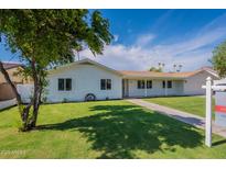 Charming single-story home with a well-maintained lawn, mature tree, and inviting facade under a bright blue sky at 1917 E Jensen St, Mesa, AZ 85203