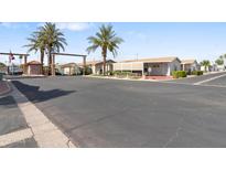 Charming community entrance with palm trees and well-maintained grounds under a clear blue sky at 8265 E Southern Ave # 182, Mesa, AZ 85209