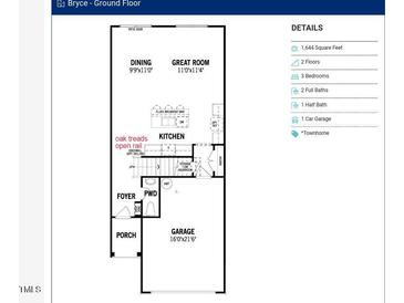 An open-concept floorplan shows the kitchen, dining room, great room, garage, and powder room at 187 Pinkie Ln, Garner, NC 27529