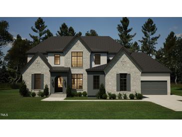 Two-story house with stone accents, dark gray shutters, and a three-car garage at 5428 Winding View Ln, Raleigh, NC 27615