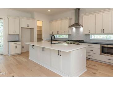 Bright kitchen features white cabinets, stainless steel appliances, and large center island with a black faucet at 103 Brandy Ml, Pittsboro, NC 27312