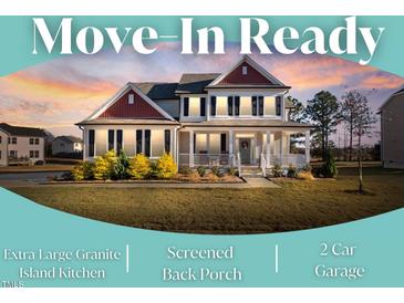 Charming two-story home boasts a covered front porch and manicured lawn, perfect for move-in ready living at 46 Two Belles Ct, Angier, NC 27501