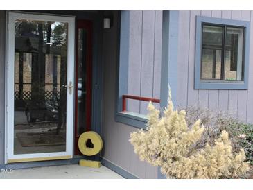 Entrance way into home with storm door, light gray siding, and dark gray trim at 42 Melstone Turn, Durham, NC 27707