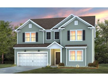 Two-story house with light green exterior, white garage door, and landscaping at 2507 Seacoast Ave, Durham, NC 27703