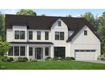 Two-story farmhouse style home with white siding, black trim, and a two-car garage at 809 Timber Mist Ct, Cary, NC 27519