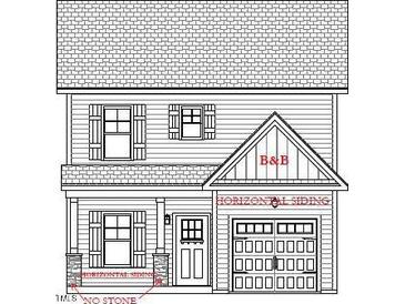 Detailed exterior elevation showcases a charming two-story home with symmetrical windows and a covered entrance at 4238 Darroch Rd, Lillington, NC 27546