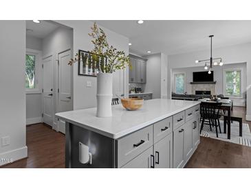 Bright kitchen with center island, stainless appliances, gray cabinetry and stylish decor at 727 Martin Luther King Jr Blvd Blvd, Raleigh, NC 27601