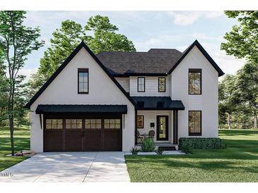 Two-story house with white siding, dark trim, and a brown garage door at 2961 Forest Creek Ln, Mebane, NC 27302