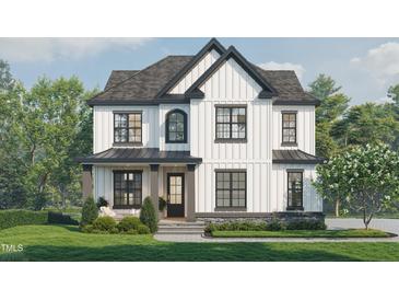 Two-story farmhouse style home with white siding, gray accents, and landscaping at 802 Tyrrell Rd, Raleigh, NC 27609