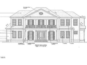 Detailed front elevation blueprint with classic columns, shutters, and a symmetrical design at 945 Wilbon Rd, Holly Springs, NC 27540