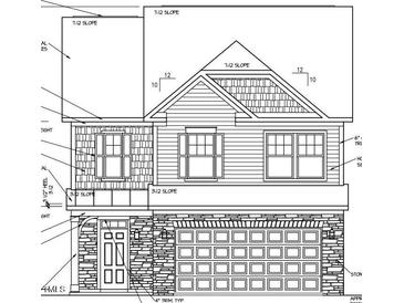 Detailed front elevation showing the home's layout with a 2-car garage and stone and horizontal siding at 1012 Channel Drop Lp, Zebulon, NC 27597