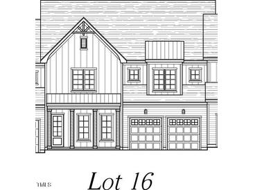 Detailed architectural drawing of a two-story home with a two-car garage and gable roof at 1019 Heatherbrook Place, Durham, NC 27705