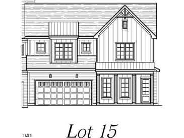 Detailed rendering of a charming two-story home showing the facade with a garage and various window styles at 1021 Heatherbrook Place, Durham, NC 27705