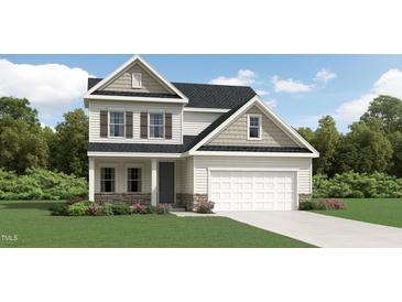 Charming two-story home featuring stone accents, vertical siding, and an attached two-car garage at 1800 Red Roses Ave, Durham, NC 27703