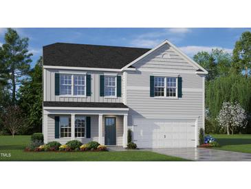 Charming two-story home featuring white siding, dark shutters, and a well-maintained lawn at 399 Swift Creek Farm Ln, Clayton, NC 27520