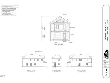 Architectural rendering of a two-story home featuring detailed front, left, rear, and right side elevations at 105 Sherwood Ln, Hillsborough, NC 27278