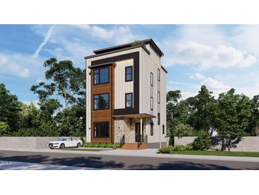 Modern three-story home with light siding, dark trim, and stone accents, complemented by professional landscaping at 615 Velma Hopkins Ln, Raleigh, NC 27603