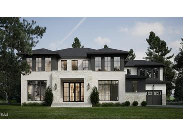 Stunning modern home with a light brick and stone exterior, black trim windows, lush lawn, and professional landscaping at 4308 Windsor Pl, Raleigh, NC 27609