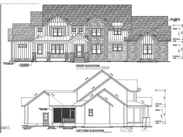 Architectural drawings showing the front and side exterior elevations of the home design at 59 Riverstone Dr, Pittsboro, NC 27312