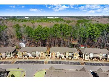 Scenic aerial view of townhomes backing up to wooded area and beautiful landscape at 736 Wickham Ridge Rd, Apex, NC 27539
