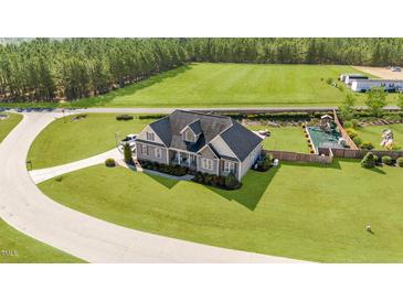 Expansive aerial view of home with a large lawn, play set and surrounding greenery at 29 Alban Row, Fuquay Varina, NC 27526