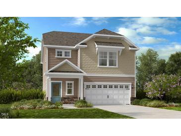 Charming two-story home with a white garage door, light blue front door, and beautifully landscaped front yard at 204 Blue Butterfly Dr, Angier, NC 27501