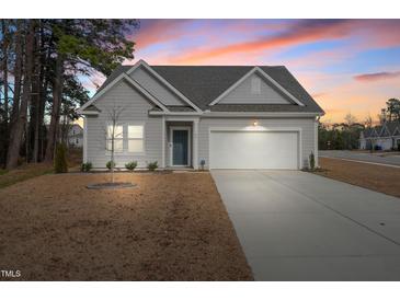 Charming single-Gathering home featuring a two-car garage and a well-manicured front yard at sunset at 88 Molly Mac Ln, Angier, NC 27501