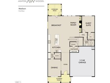 Detailed first floor plan layout showcasing the kitchen, dining, breakfast, and Gathering rooms at 548 Jocund St # 15, Rolesville, NC 27571