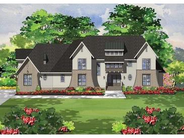 Charming rendering of a two-story home with a landscaped yard, stone accents, and a welcoming front entrance at 400 Cottonwood Cir, Raleigh, NC 27609