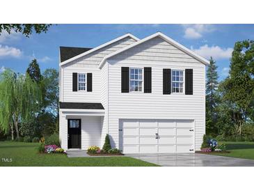 New construction two-story home featuring white siding, black shutters, and an attached garage at 120 Pisgah St, Sanford, NC 27330